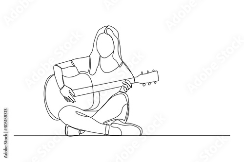 Continuous line drawing of a woman playing guitar. Single one line art of musician guitarist vector illustration