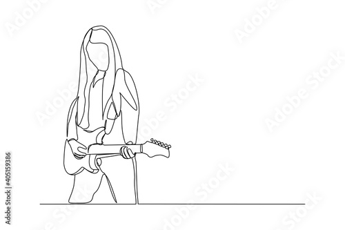 Continuous line drawing of a woman playing guitar. Single one line art of musician guitarist vector illustration