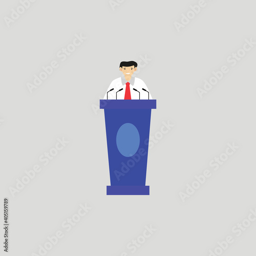 politician, scientist standing behind the rostrum and speech, vector illustration in flat style