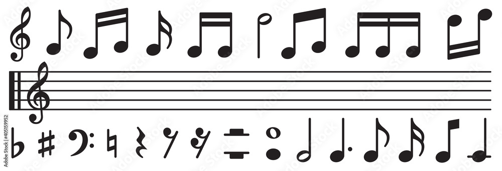 Music notes set. Music simbol. Musicnotes icons. Black treble clef, note,  sharp, natural, flat, measure, bar, stave and other. Musical notes icons -  stock vector. Stock Vector | Adobe Stock