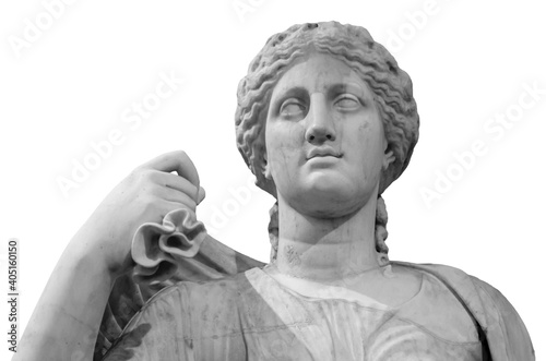 Ancient white marble sculpture bust of Hygieia. Goddess of good health, cleanliness, and sanitation. Statue of woman isolated on white photo