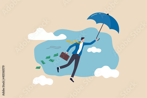 Success businessman get rich, office worker achieve financial independence and quit routine job concept, happy wealthy businessman flying with his umbrella holding briefcase with money banknote.