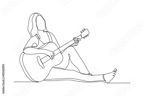 Continuous line drawing of a woman playing guitar. Single one line art of musician guitarist vector illustration