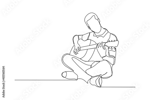 Continuous line drawing of a man playing guitar. Single one line art of musician guitarist vector illustration.