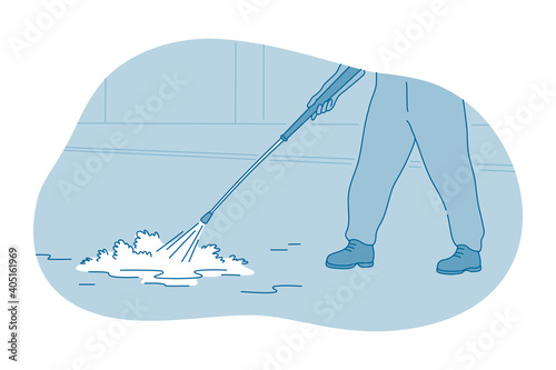 Cleaning, housework, washing concept. hands of worker or maid making floor cleaning with lexical foam liquid and mop indoors at home vector illustration 