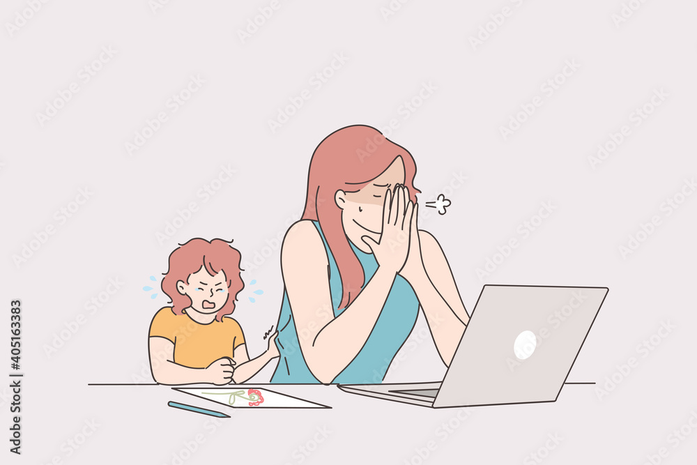 Distant working with child, freelance and stay at home concept. Tired stressed young woman mother trying to work from home at laptop with crying baby toddler vector illustration Distant working with child, freelance and stay at home concept. Tired stressed young woman mother trying to work from home at laptop with crying baby toddler vector illustration