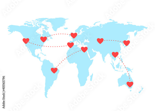 World map and separated loving couples. Love in distance. Connecting hearts through online communication, Internet. Valentines Day. Vector illustration