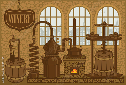 Vector banner for winery with an old winemaking equipment. Decorative illustration of winery plant for the production of wine in an old stone building in retro style