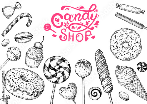 Set of sweets. Isolated on white background. Hand drawn vector illustration. Black and white candies set. Vector illustration in sketch style.
