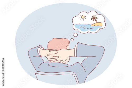 Working in office, travel, vacations concept. Young businessman office worker cartoon character sitting working and dreaming about traveling to paradise island and have rest near sea 