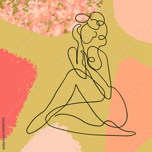 Vector outline illustration of woman body on abstract blobe background. One line drawing. Use it as greeting card, poster, banner, social media post, fashion print, invitation, sale, brochure
