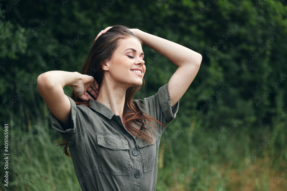 Woman outdoors Eyes closed freedom nature smile fresh air 