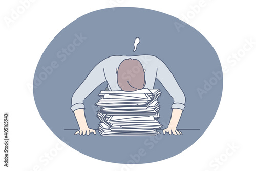 Burnout, overload, overwork concept. Unhappy depressed man office worker sitting with head on heap of documents and feeling stressed and tired in office vector illustration 