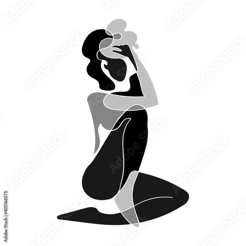 Vector black and white illustration of woman body silhouette. One line drawing isolated on white background. Use it for design card, poster, banner, social Media post, fashion print, beaty salon logo