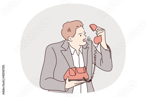 Anger, evil, furious man concept. Young angry furious male cartoon character standing and shouting on phone during quarrelling vector illustration. Scandal, fight, quarrel 