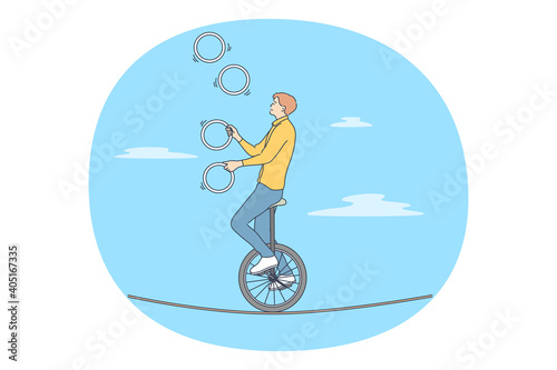 Acrobat, performer, challenge concept. Young man acrobat circus artist riding on bike on rope and juggling with rings over blue sky at background vector illustration. Confidence skill success