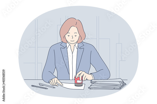 Finance, accounting, office worker concept. Young woman cartoon character sitting and stamping official documents in office vector illustration 