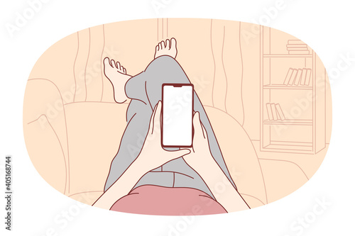 Smartphone, online communication, chatting concept. Hands of person with smartphone chatting, searching information in internet, calling, dating or communicating online at home 