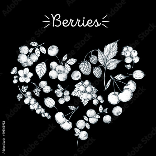 Set of berries in the form of heart. Berries hand drawn vector illustration. Berry sketch. Vector illustration. Black and white.