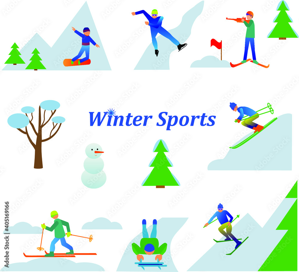 
Set of winter sport activities vector illustration isolated on white.