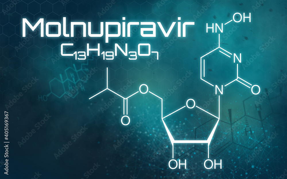 Chemical formula of Molnupiravir on a futuristic background Chemical formula of Molnupiravir on a futuristic background