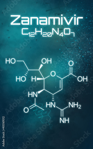 Chemical formula of Zanamivir on a futuristic background
