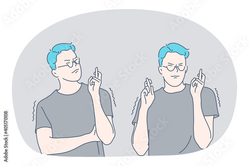 Sign language, gestures, hands communication concept. Young man cartoon character standing, crossing fingers and expressing hope and superstition vector illustration 