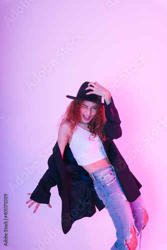Fashion portrait of asian curly hair woman wear black jacket and hat isolate on white background.