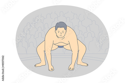 Sumo and Japanese traditional fighting concept. Overweight man sumo fighter standing in position during competition with viewers on background. Strength obesity Japanese culture illustration 