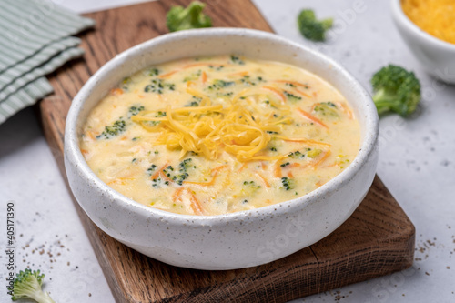 Bowl of broccoli and cheddar cheese soup