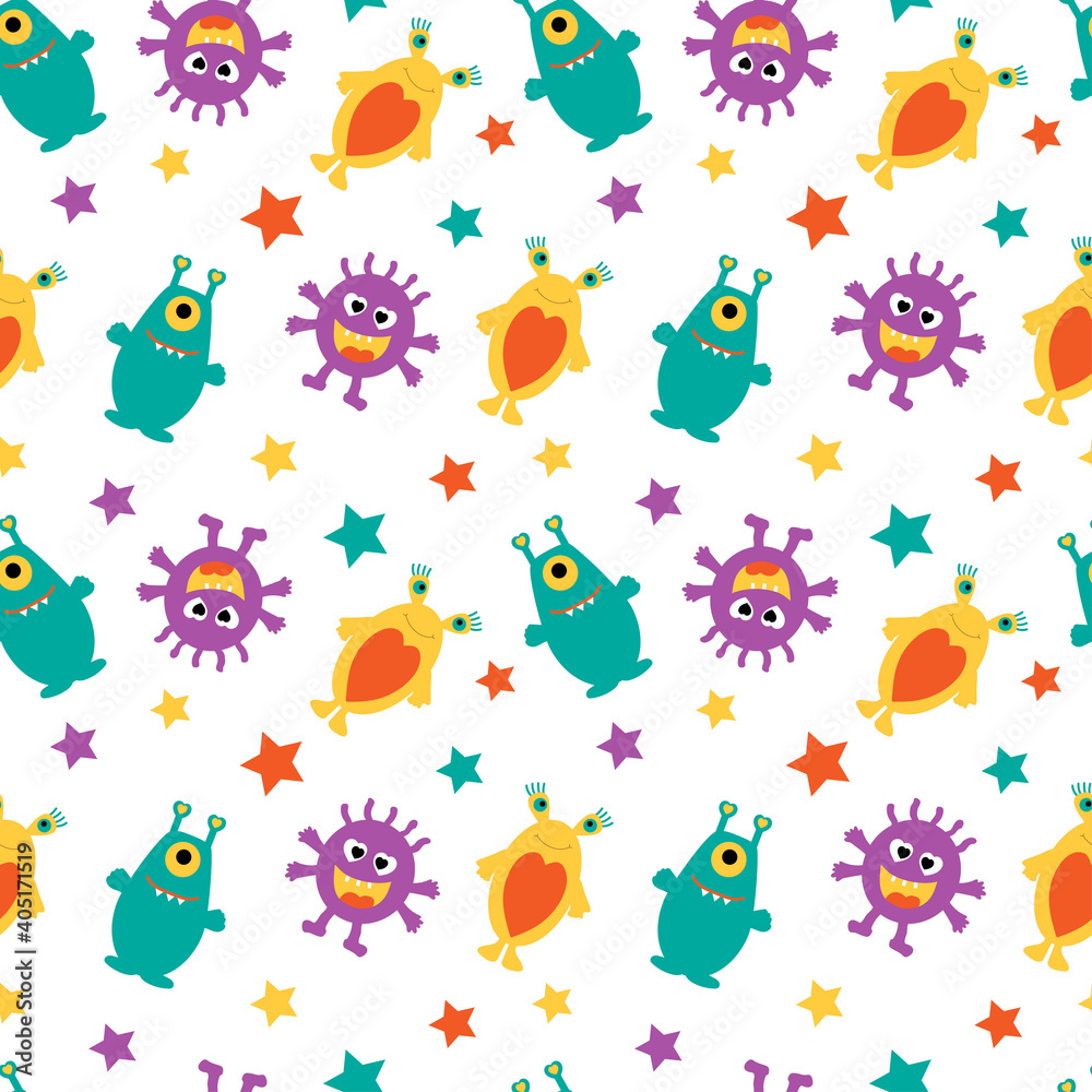 Funny aliens and multicolored stars on a white seamless background. Funny aliens and multicolored stars on a white seamless background.