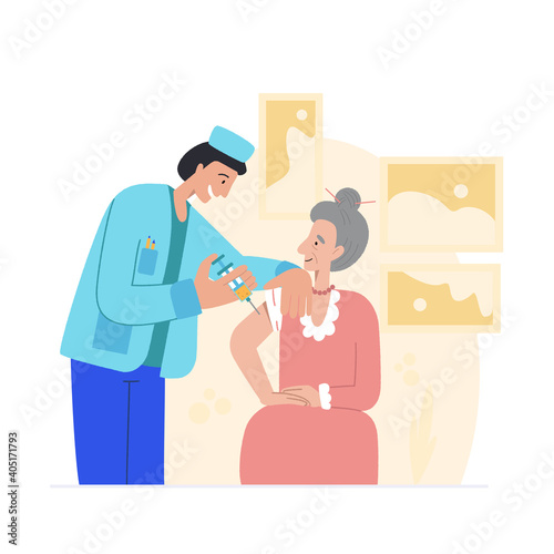 Vaccine against COVID-19 virus. Prevention injection, immunization. Coronavirus infection treatment. The doctor vaccinates an elderly woman.