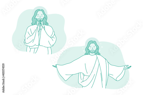 Religion, christianity, Jesus Christ concept. Character of smiling God Jesus Christ with stretched arms in traditional clothing standing and praying for people vector illustration 