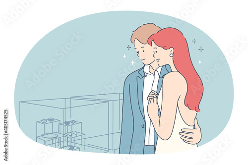 Engagement ring, proposal, marriage concept. Young happy couple on love bride and groom standing hugging and choosing engagement rings in jewellery store together vector illustration 