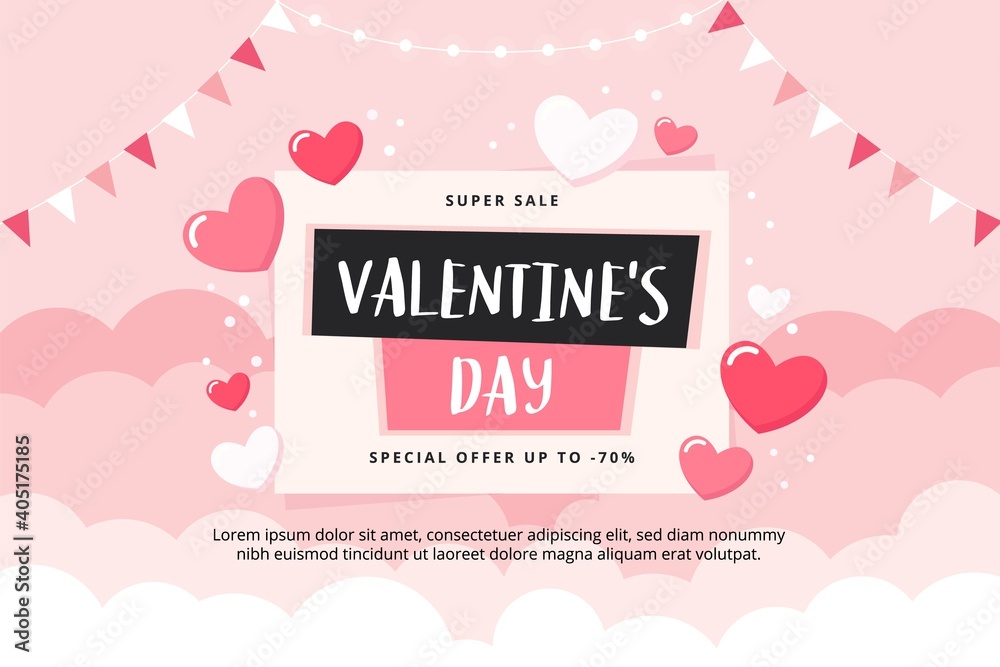 Valentine s Day sale banner with clouds and hearts. Vector illustration
