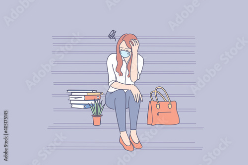 Unemployed people during coronavirus outbreak concept. Young sad unhappy unemployed businesswoman in face mask sitting on stairs feeling stressed after failure and laid off from work during pandemic 