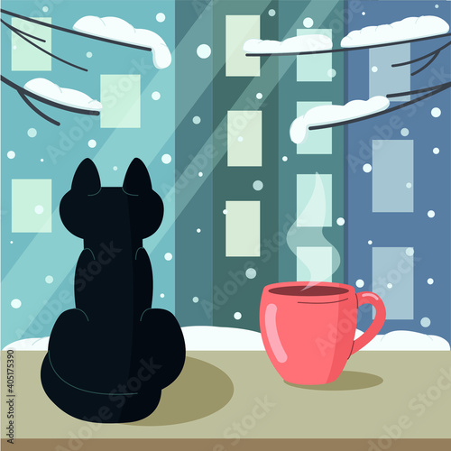 Black cat sits on the windowsill next to a hot cup of coffee/tea and looks at the falling snow outside the window. Winter vector flat illustration.