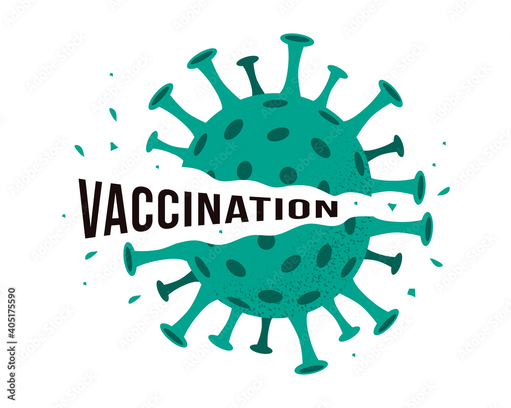 Vector illustration of coronavirus destroyed by word Vaccination. Explosion of defeated broken virus covid-19 isolated on white background. Victory over pandemic Vector illustration of coronavirus destroyed by word Vaccination. Explosion of defeated broken virus covid-19 isolated on white background. Victory over pandemic
