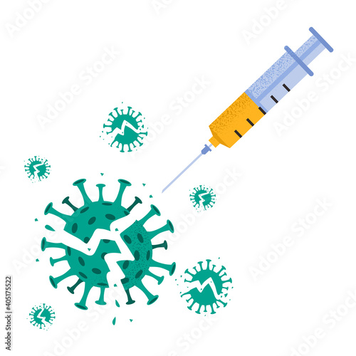 Vector illustration of coronavirus destroyed by injection of medical syringe. Explosion of defeated broken virus isolated on white background. Concept of vaccination covid-19. Victory over pandemic