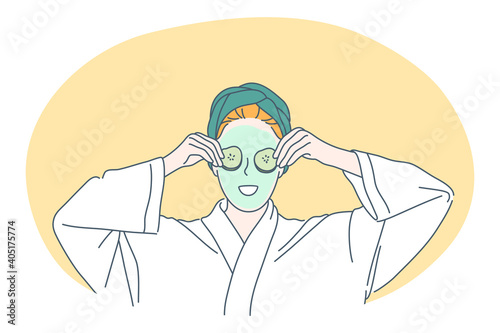 Beauty, skincare, cosmetics concept. Young smiling woman cartoon character applying green facial mask and covering eyes with cucumber parts for looking good and fresh. Dermatology, cosmetology