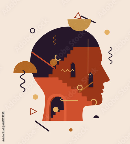 Vector illustration of abstract human head with stairs, doors, geometric shapes inside. Concept of thinking process, solving problems, searching solution, inner world of mind, brain, psychotherapy