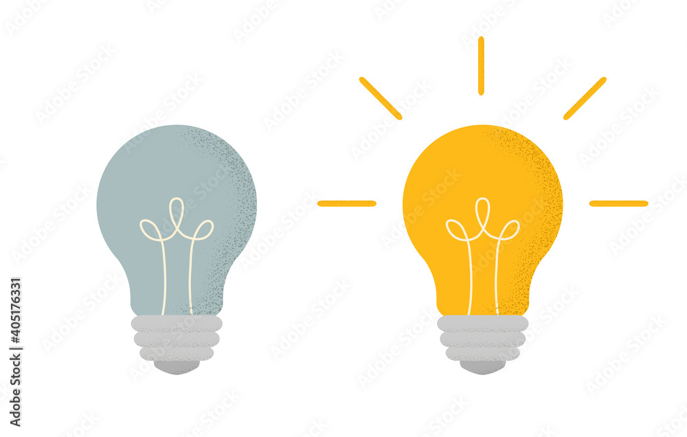 Vector illustration with two light bulbs: one is glowing, another is turned off. Set in cartoon style with trendy grain shadow isolated on white background Vector illustration with two light bulbs: one is glowing, another is turned off. Set in cartoon style with trendy grain shadow isolated on white background