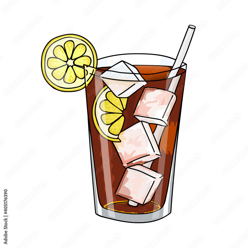 Glass of Long Island Ice Tea cocktail, ice cubes and lemon slice. Hand