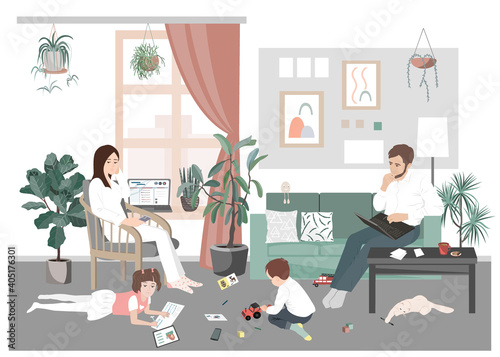 Young family couple and kids stay home and have distant work and learning during pandemic. Young parents with sons and daughter have remote job. Online business with children in quarantine.