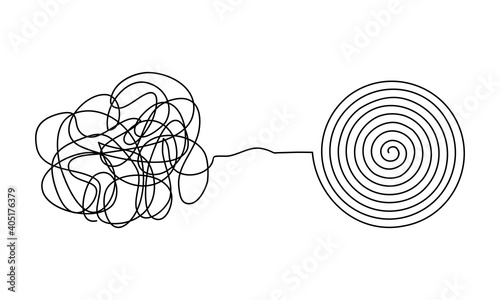 Vector illustration of messy complicated clew line transforming into orderly round element isolated on white background. Concept of solving problem, difficult situation, chaos and mess