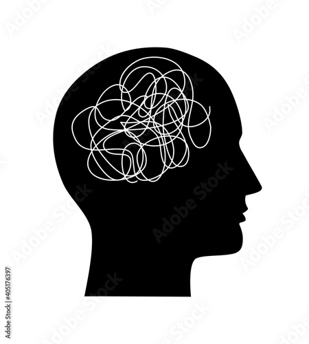 Vector illustration with human head silhouette with brain as tangled messy single line. Trendy concept of mental disorder, finding solution, chaotic thinking process, confused mind. Isolated on white