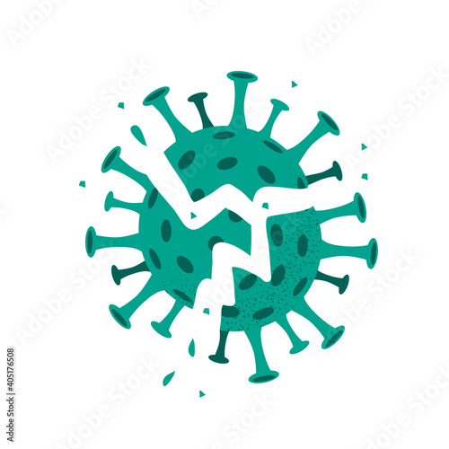 Vector illustration of destroyed coronavirus. Explosion of defeated broken virus isolated on white background. Concept of vaccination covid-19. Victory over pandemic