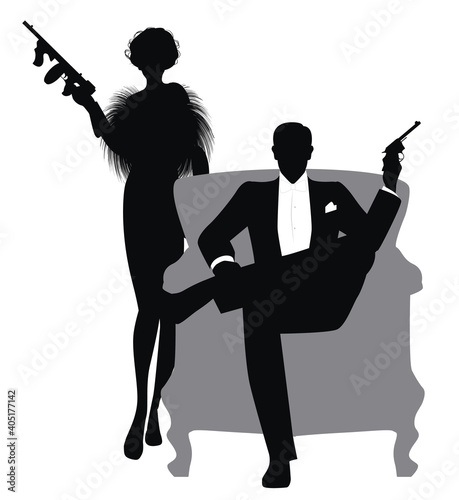 Elegant criminal couple, armed with pistols and submachine guns, wearing retro party clothes. Film noir style.
