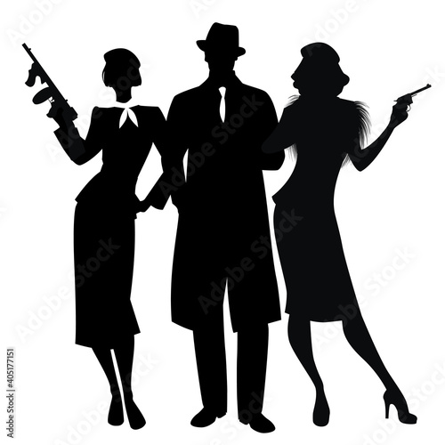 Silhouettes of elegant criminal trio in retro style, armed with pistol and submachine gun, isolated on white background. Classic film noir style.