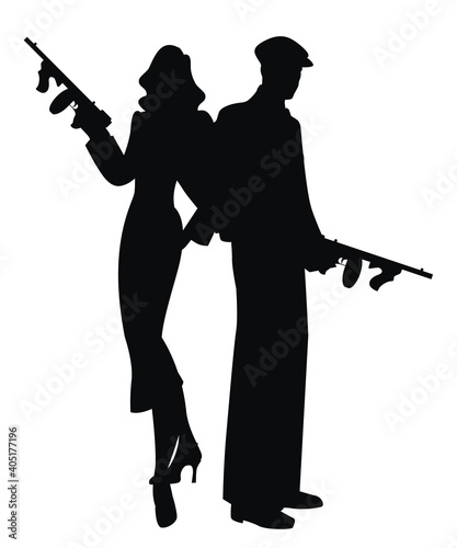 Silhouettes of elegant couple in retro style, armed with submachine gun, isolated on white background. Classic film noir style.